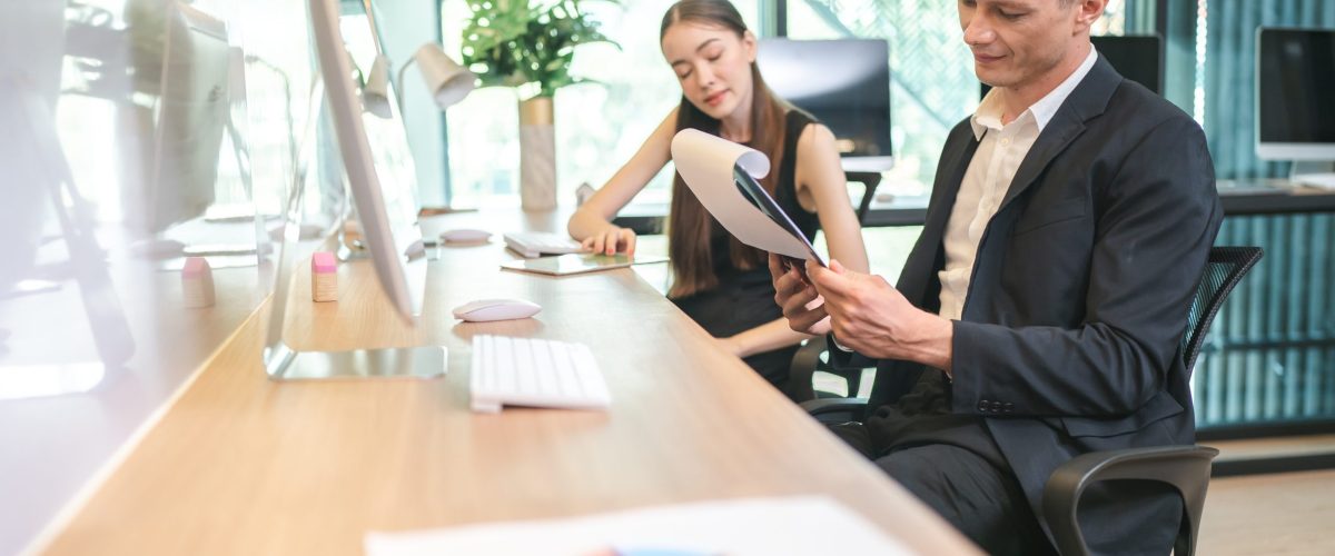 Business financial marketing project strategy plan presentation, Meeting of a corporate man showing finance data to team. Professional accounting management office group collaboration team working